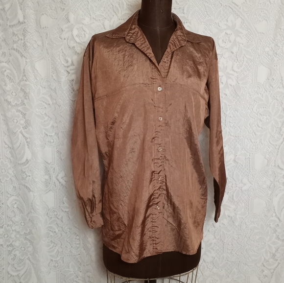 Vintage 90s DVF Diane Von Furstenberg Metallic Bronze Long Sleeve Button Shirt - Picture 1 of 9